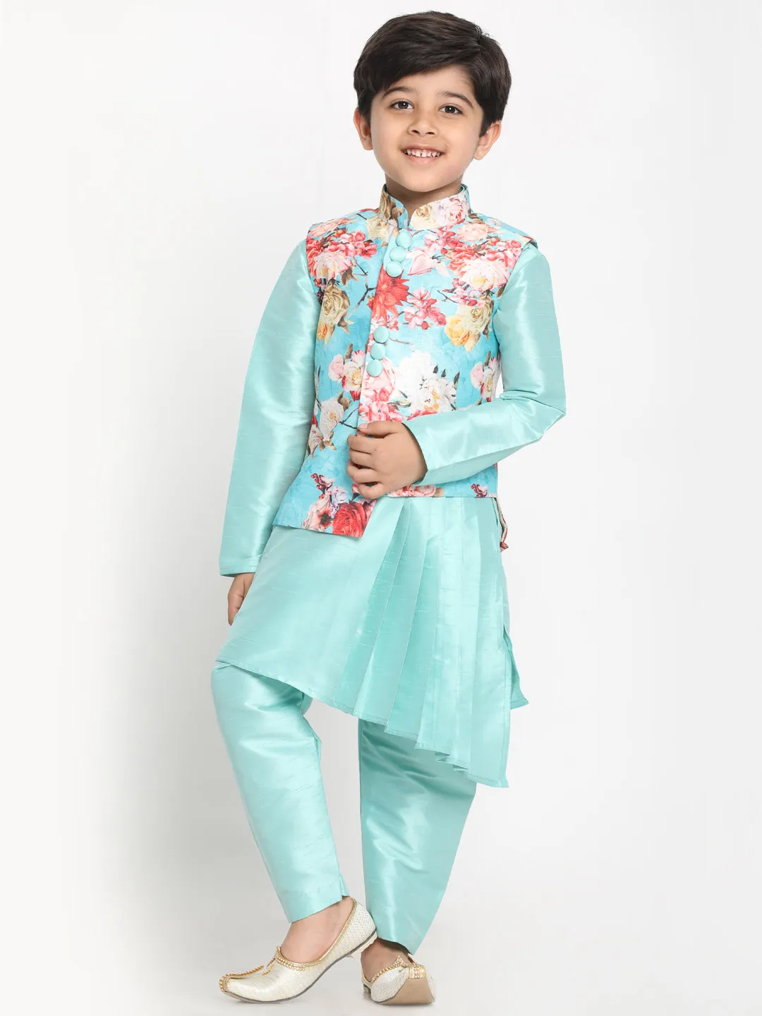 Vastramay Boy's Mint Green Asymmetric Kurta With Floral Printed Jacket And Pyjama Set