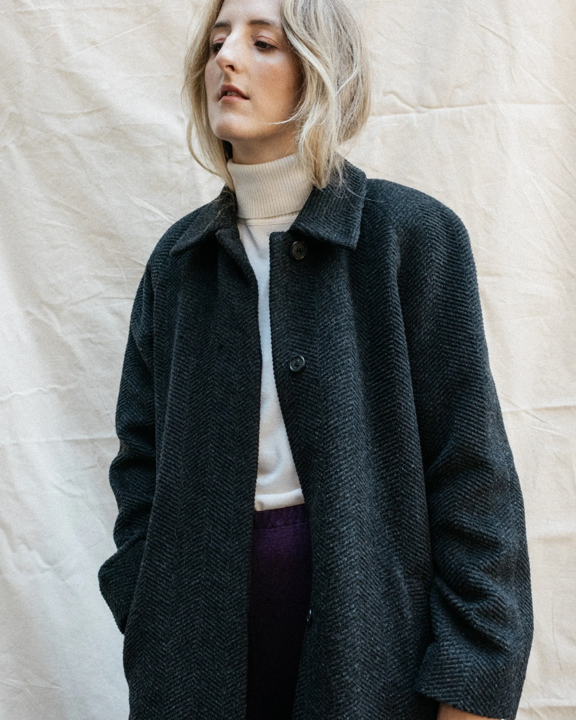 Vintage Grey Herringbone Wool Coat (S/M)