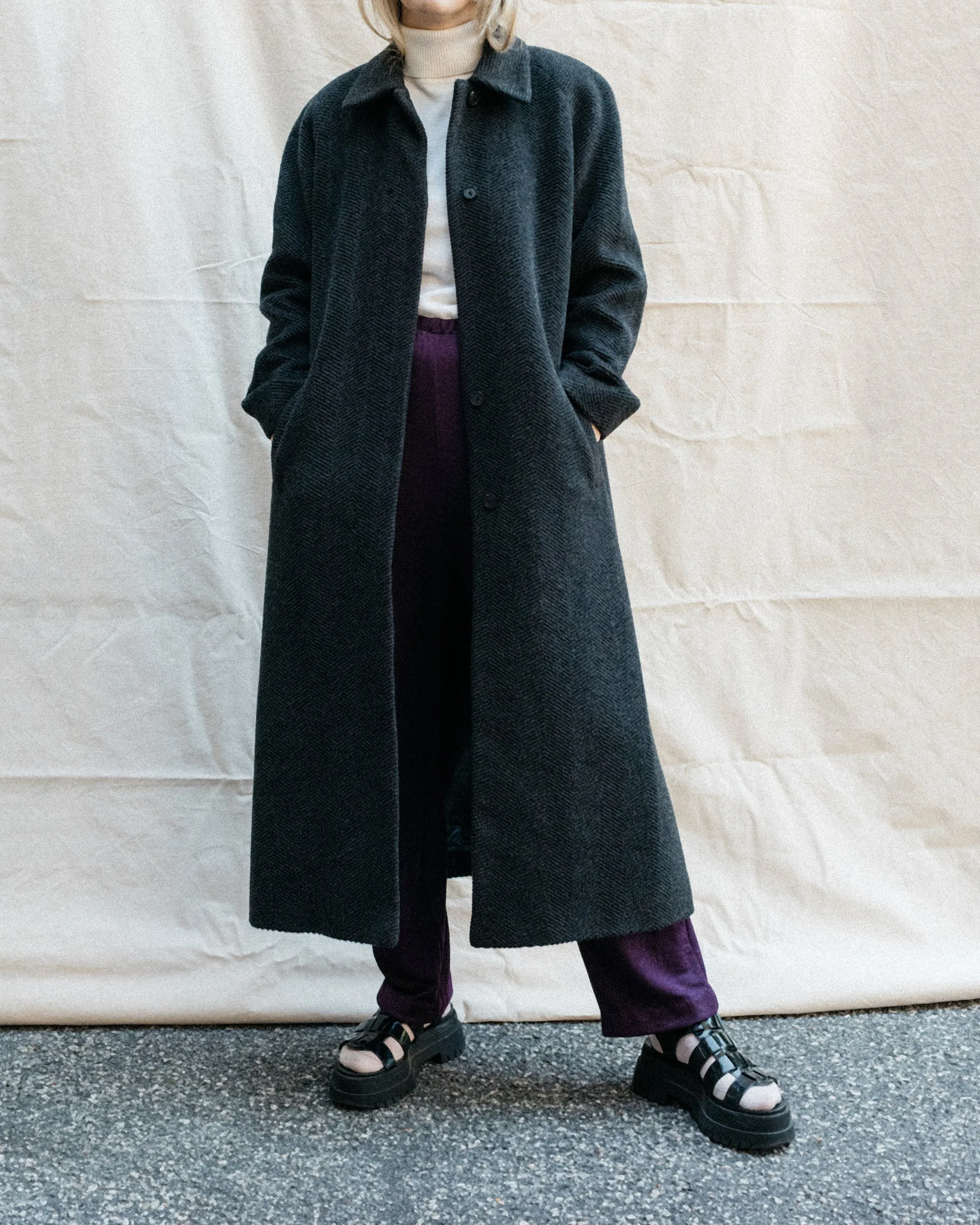 Vintage Grey Herringbone Wool Coat (S/M)