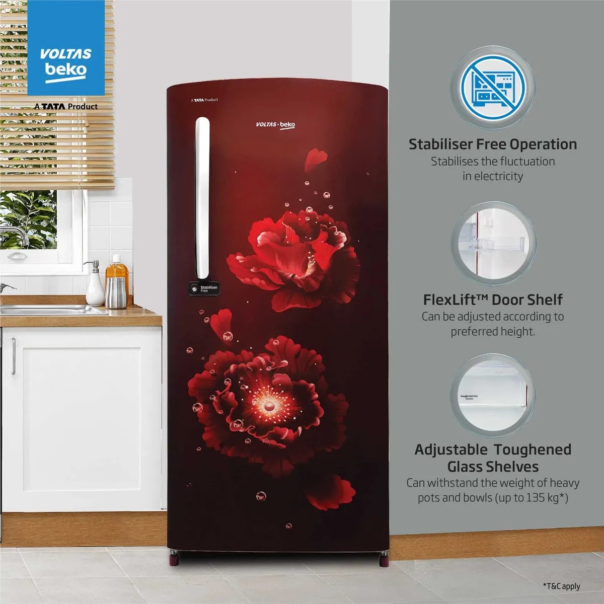 Voltas Beko 185 L, 3 Star, Single Door DC Refrigerator (Fairy Flower Wine)