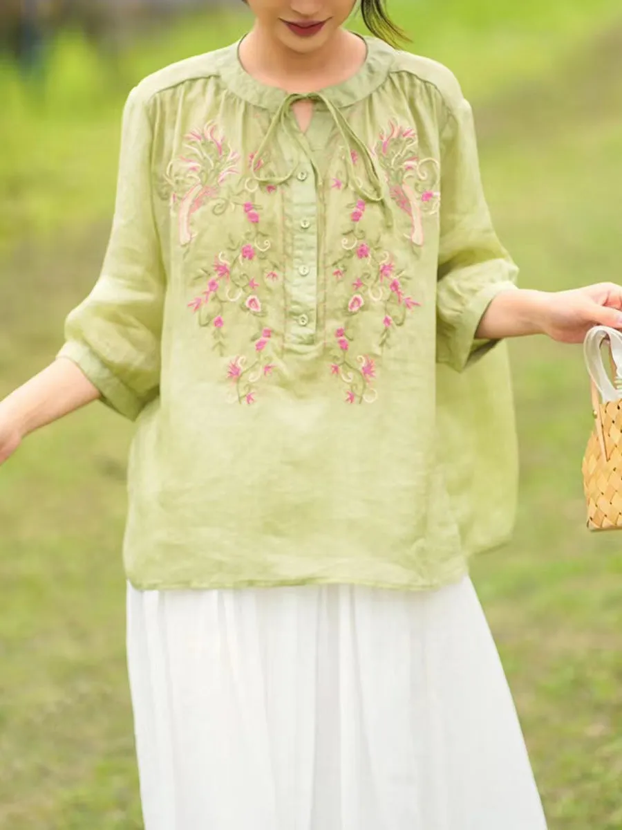 Women Summer Artsy Floral Embroidery Ramie Shirt PA1002