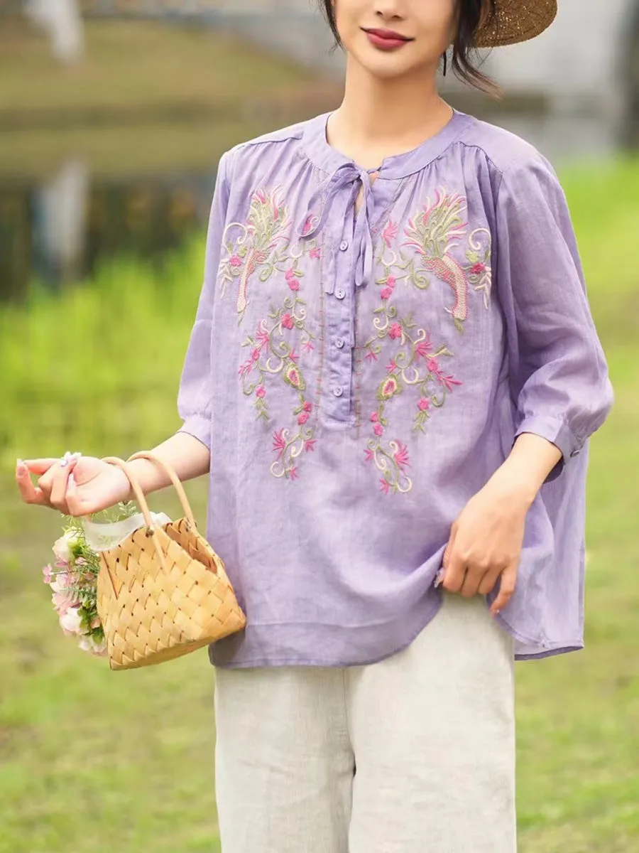 Women Summer Artsy Floral Embroidery Ramie Shirt PA1002