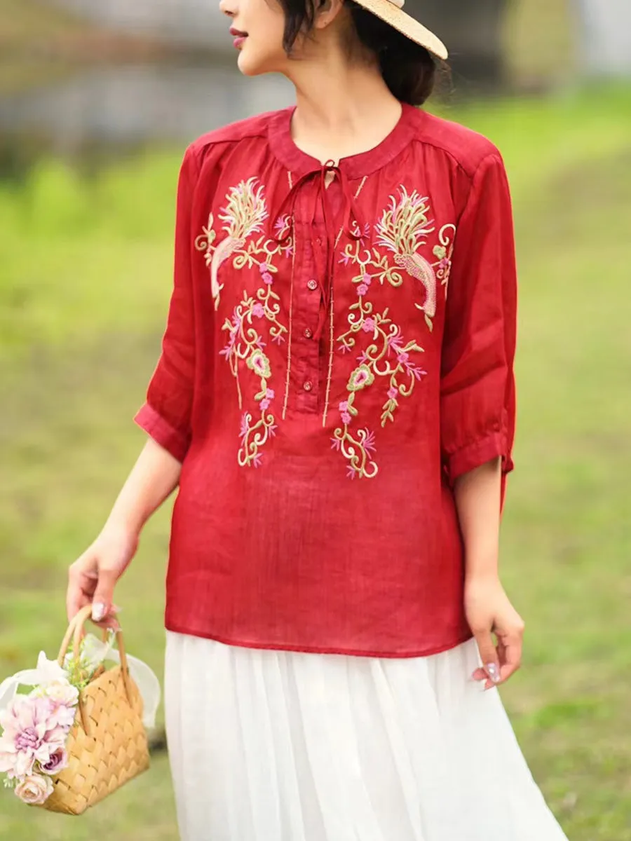 Women Summer Artsy Floral Embroidery Ramie Shirt PA1002