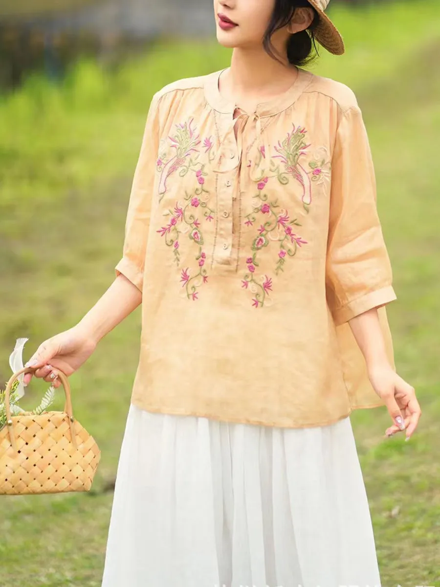 Women Summer Artsy Floral Embroidery Ramie Shirt PA1002