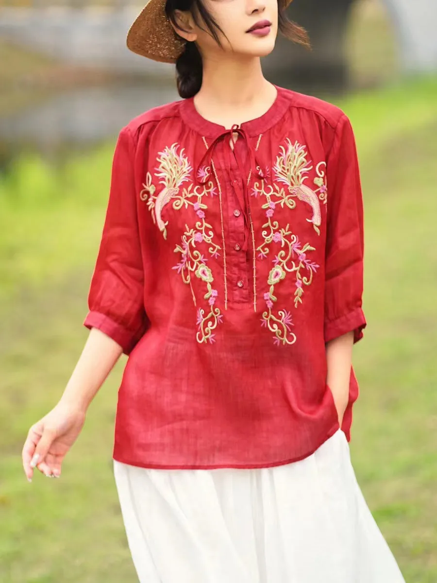 Women Summer Artsy Floral Embroidery Ramie Shirt PA1002