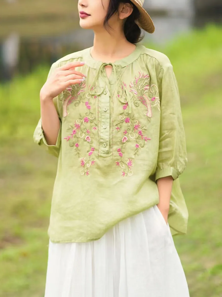 Women Summer Artsy Floral Embroidery Ramie Shirt PA1002