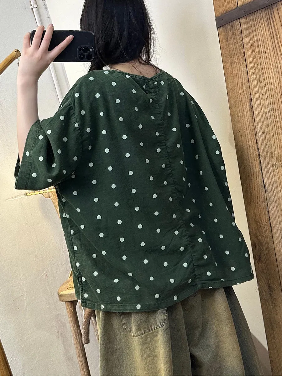 Women Summer Casual Dot Linen Loose Shirt KL1011