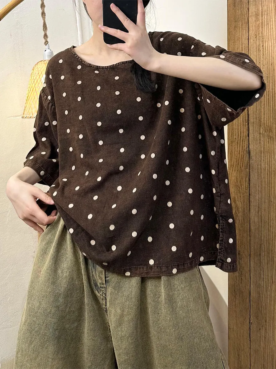 Women Summer Casual Dot Linen Loose Shirt KL1011