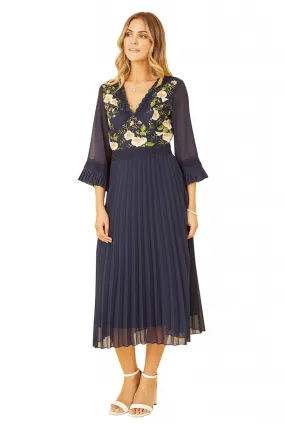 Yumi Navy Embroidered Floral Pleated Midi Dress